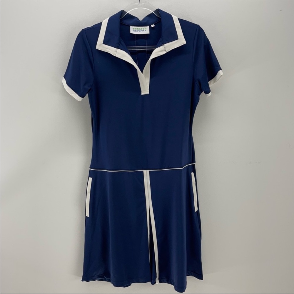SCRATCH SEVENTY navy tennis golf outdoors fitness dress L slimming pockets VEUC